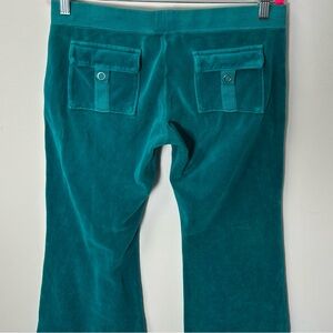 Y2K JUICY COUTURE women's teal velour snap pocket lowrise flare track pants, M.